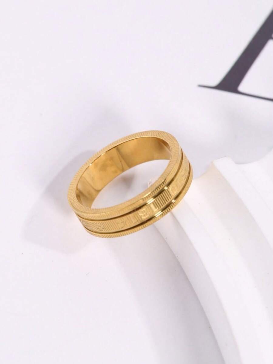 1pc Stainless Steel 18K Gold Plated 520 1314 Engraved Double Groove Textured Wide Band Ring I Love You Forever Finger Ring Suitable For T-Shirt Shirt Suit And Other Daily Outfits Versatile Elegant Accessory - 520 1314 Engraved Ring - View 1