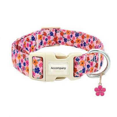 Rose Red Floral Dog Print Collar With Flower Metal Pendant, Adjustable Buckle Load-Bearing D-Ring, Durable Polyester Neck Collar, Multiple Sizes Fit All Dogs For All Seasons Dog Walking|Halloween, Mother's Day