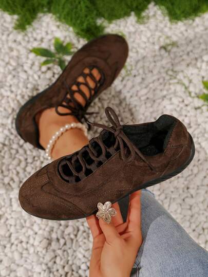 Women's Spring/Autumn Minimalist Fashion Flat Shoes, Lace-Up Casual Shoes, Grandma Shoes, Work Shoes, Soft Sole Comfortable Ballet Dance Shoes, Brown
