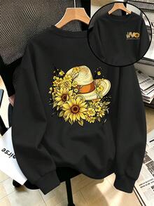 Plus-Size Women's Fashion Sweatshirt, Suitable For Everyday Commuting, Featuring A Sunflower And Hat Graphic Print, Perfect For Winter Casual Wear. - Black - View 1