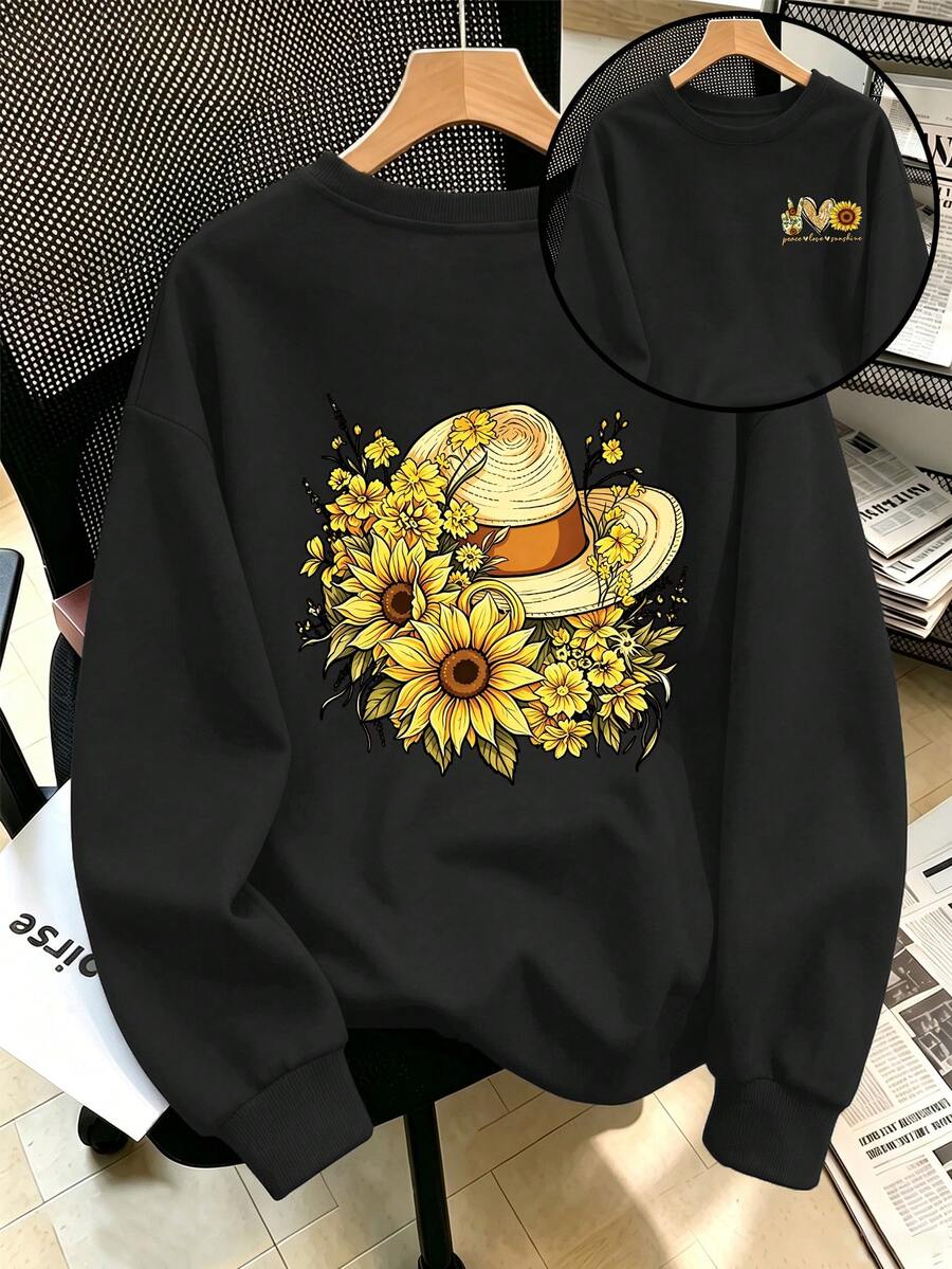 Plus-Size Women's Fashion Sweatshirt, Suitable For Everyday Commuting, Featuring A Sunflower And Hat Graphic Print, Perfect For Winter Casual Wear. - Black - View 1