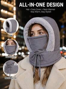 Thickened Hooded Hat With Face Mask And Neck Guard, Plush Trim Winter Headwear, Drawstring, Soft And Comfortable Cold Weather Accessory, Unisex, Outdoor Travel, Commuting, Walking, Daily Wear, Multiple Colors, Autumn/Winter - Multicolor - View 4