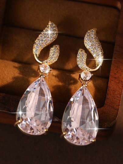 1pair Luxury Big Water Drop Long Dangle Earrings Glamorous Inlay Exquisite Cubic Zirconia Earring For Women Wedding Important Festivals Accessories