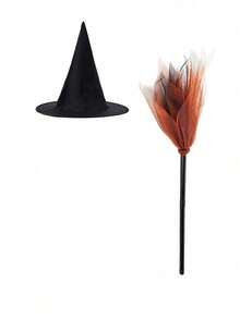 Women Halloween Witch Costume Accessory Set, Pointed Witch Hat & Tulle Broom Prop, Cosplay Fancy Dress Supplies For Halloween Party Masquerade - Multicolor - View 7