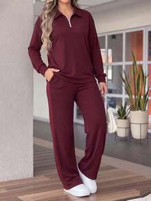 LUNNELUX Women Fall Burgundy Knit 2 Pieces Outfits, Half Zip Collar Long Sleeve Top & Drawstring Wide Leg Pants Set Halloween Travel Daily Tracksuit - Burgundy - View 8