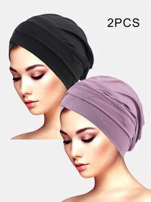 3pcs Women's Double Crossed Stretchy Beanie Hats, Base Layer Hat Scarf Headgear, Suitable For Daily Use Sleep Bonnet,Holiday,Festival - Multicolor - View 39
