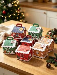 24Pcs Christmas House‑Shaped Gift Boxes, Xmas Candy Cookie Treat Boxes With Handle & Hang Tag, Winter Holiday Paper Goodie Containers For Party Favor Decoration - View 4