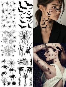 6pcs Halloween Theme Temporary Tattoos, Bat, Spider, Witch Pattern Design, Waterproof Long-Lasting Fake Tattoo Stickers, Suitable For Face, Neck, Arm Body Art Fake Tattoos, Unisex - Black - View 1