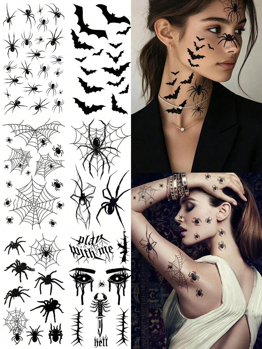 6pcs Halloween Theme Temporary Tattoos, Bat, Spider, Witch Pattern Design, Waterproof Long-Lasting Fake Tattoo Stickers, Suitable For Face, Neck, Arm Body Art Fake Tattoos, Unisex - Black - View 1