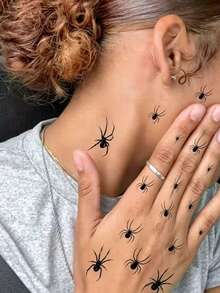 6pcs Halloween Theme Temporary Tattoos, Bat, Spider, Witch Pattern Design, Waterproof Long-Lasting Fake Tattoo Stickers, Suitable For Face, Neck, Arm Body Art Fake Tattoos, Unisex - Black - View 3