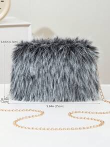 Furry Bag With Metal Chain, Women's Fashion Personalized Minimalist Versatile Shoulder Bag, Suitable For Daily Shopping, Dating, Music Festivals - Black and White - View 4