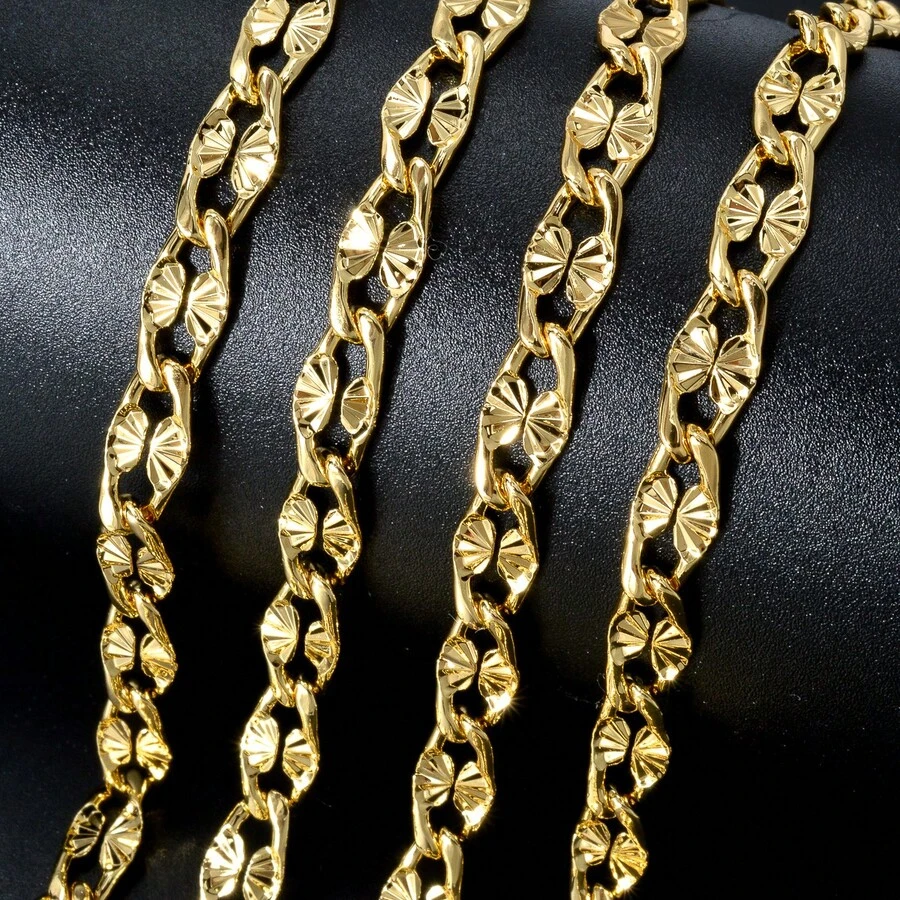 1pc 18K Gold Plated Copper 750 Italian Flat Textured Necklace, Unisex, Daily Wear - Gold - View 1