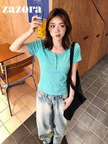 Light Green Thin Low Neck Short Sleeve T-Shirt Women Korean Style Fitted Cropped Top - Light Green - View 1