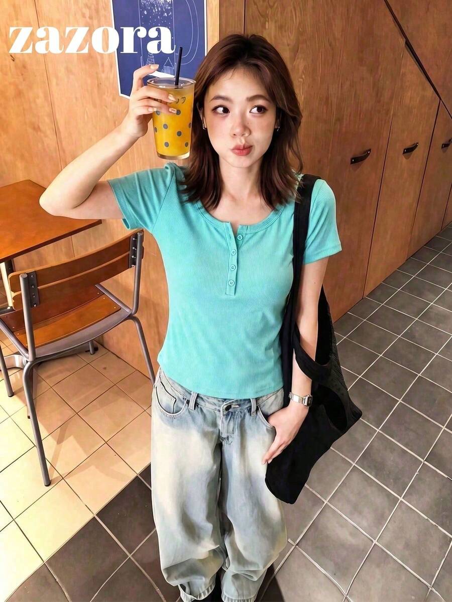 Light Green Thin Low Neck Short Sleeve T-Shirt Women Korean Style Fitted Cropped Top - Light Green - View 1