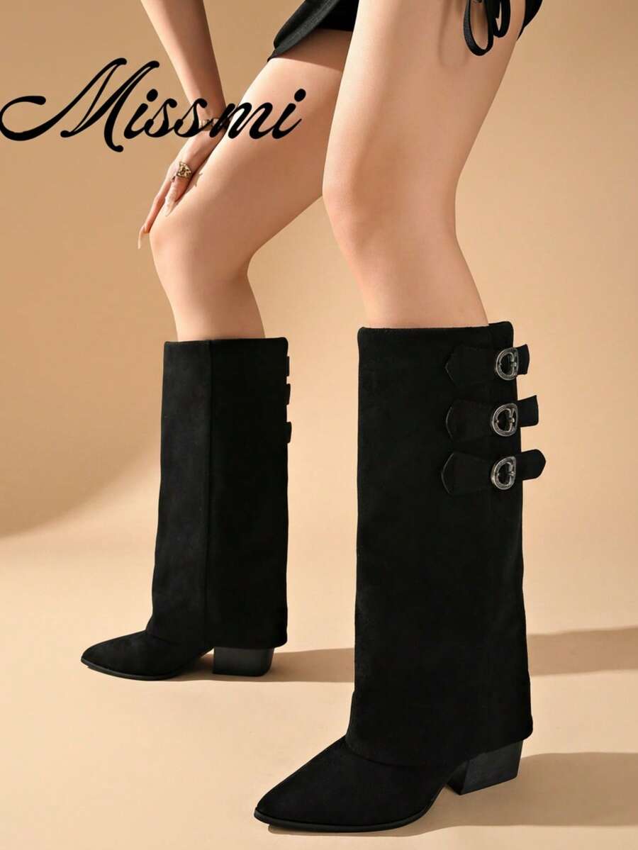 Women's 2026 Autumn/Winter New Pointed Toe High Heel Knee-High Boots - Black Suede - View 1