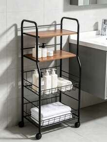 4‑Tier Rolling Storage Cart, Metal‑Wood Slim Organizer With Lockable Wheels & Wire Baskets, Mobile Storage Rack For Bathroom, Laundry, Kitchen Narrow Corner, Perfect For Home Users Storing Towels, Toiletries & Cleaning Supplies - Multicolor - View 8
