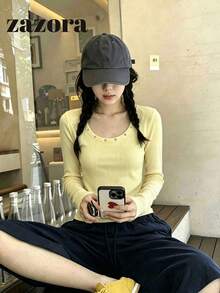 鉚釘圓領秋季針織毛衣，鉚釘鑲嵌百搭修身顯瘦上衣，女款 - 黃色 - 查看 6