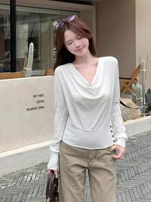 Solid Color Cowl Neck Fitted Long Sleeve T-Shirt Women's Innerwear Top - White - View 10