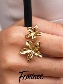 Frminee 1pc Stainless Steel Flower Open Ring For Women, Adjustable Floral Statement Ring, Gold Tone Chunky Fashion Jewelry For Daily Wear, Party, Gift For Her - Gold - View 4