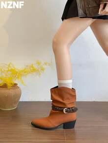 NZNF 1 Pair Contrast Color Western Style Buckle Thick Sole Slip-On Women's Retro Knight Boots Matte Chunky Heel Mid-Calf Boots Outdoor - Burnt Orange - View 8
