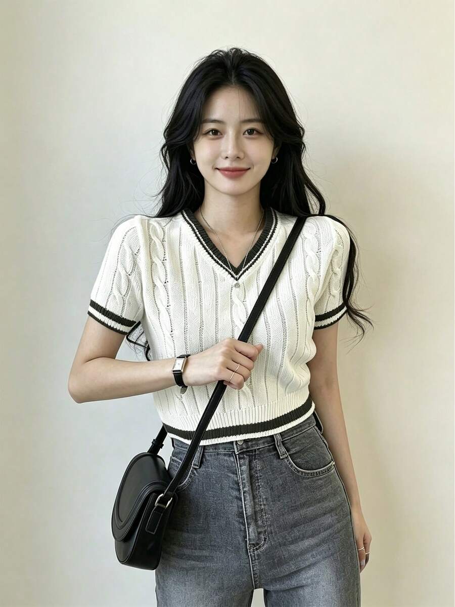 女士撞色滚边V领短袖针织上衣 白色 夏季 - 白色 - 查看 1