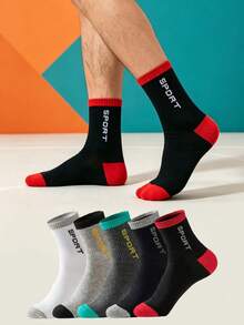 1/5/10 Pairs Random Men's Sport Letter Socks, Colorblock Running Socks, Outdoor Fitness Socks - Multicolor - View 2
