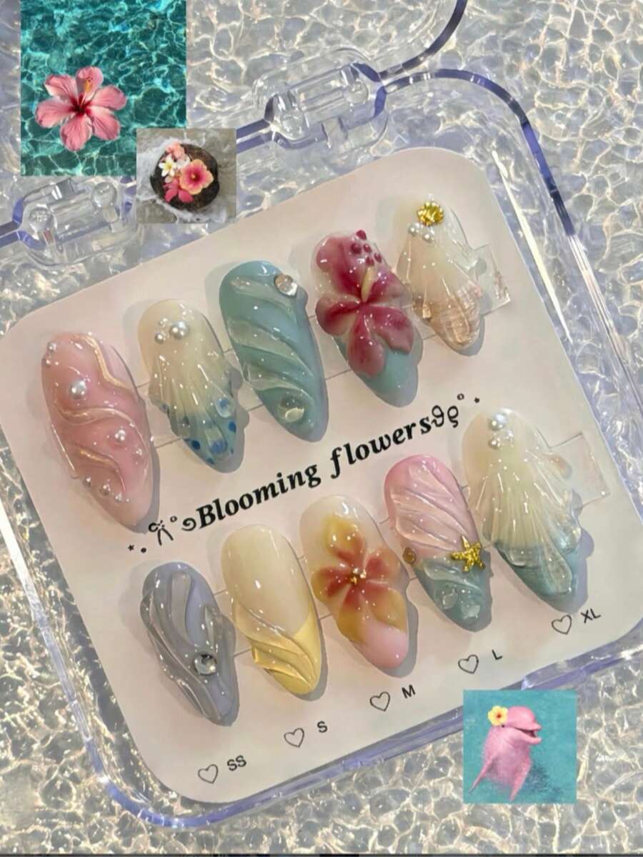 10pcs Medium Almond Shaped Nail Stickers, Acrylic Nail Decals, Macaron Multicolor Design, 3D Floral, Shell Pattern And Pearl Decor, Fresh Summer Island Style, Wearable False Nails For Vacation, Party And Daily Wear, Removable And Reusable Nail Supplies - Multicolor - View 1
