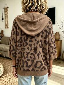 Plus Size Women's Leopard Print Hooded Pullover Sweater With Three Quarter Drop Shoulder Sleeves And Drawstring Detail, Perfect For Fall Wear - Coffee Brown - View 5