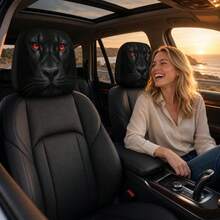 2pcs Realistic Red Eyes Lion Head Car Headrest Covers, Beast King Universal Elastic Car Headrest Protector, Holiday Costume Prop Mask - Black - View 2