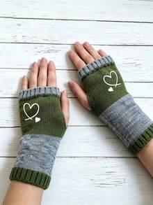 Autumn/Winter Colorblock Knit Fingerless Wrist Warmers With Cute Heart Print, Elastic Warm Gloves For Women, Daily Use - Multicolor - View 10