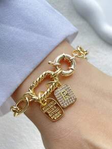 1PC Luxury Screw Buckle A-Z Initial Letter Bracelet,Double Colorful Climbing Chain,Double Buckle Letter Double Chain,For Celebrating Holiday Daily - Yellow Gold - View 28