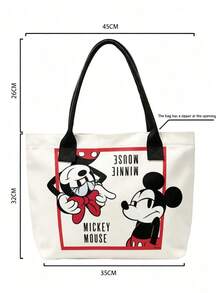 Miniso Tas Tote Kanvas Disney Mickey & Minnie dengan Border Merah Vintage Motif Kartun, Tas Bahu dengan Pegangan untuk Penggunaan Sehari-hari - Hitam - View 6