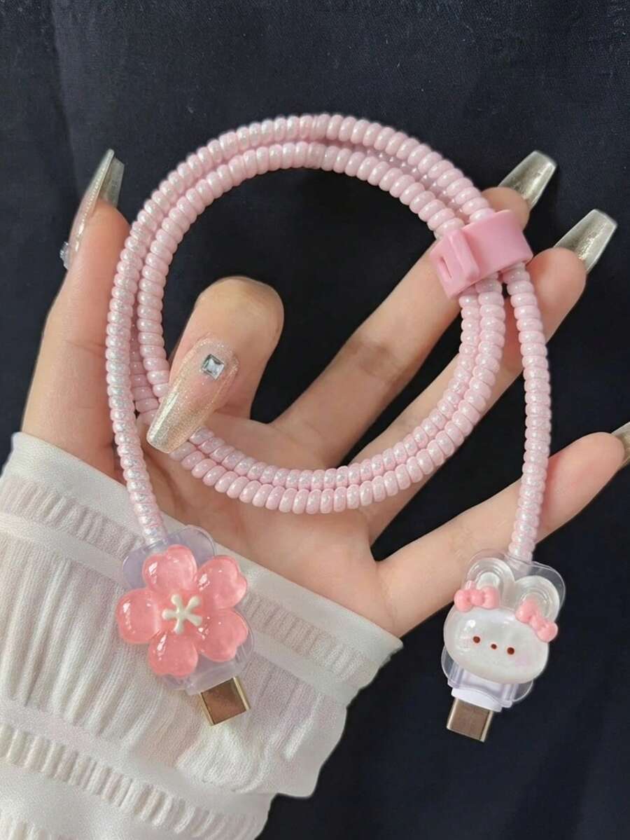 1 Set 3D Cherry Blossom Puppy Data Cable Protector, Cute Style Phone Accessory, Compatible With Apple 18W/20W PD Fast Charging, Cartoon Style Gift Item, Also Suitable As Birthday, Christmas, New Year Holiday Gift For Family - 3D Flower Puppy - View 1