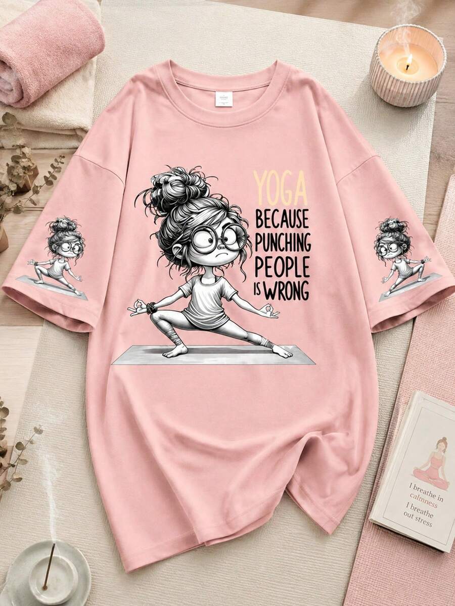 Yoga Girl Themed Fun Print Women's Solid Color T-Shirt, Women's Short Sleeve, Back To School Outfit, Birthday Top, Outing Top, Country Music Concert, Cowgirl Outfit, Y2K, Bohemian, Vintage, Elegant, Cute, Luxury, Casual, Suitable For Office Commute, Daily Holiday, Birthday Party, Vacation Travel, Back To School/Graduation Season, Street Sports - Pink - View 1
