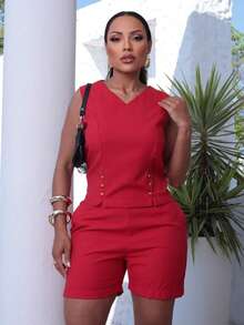 Conjunto Keith Alfaiataria com Colete e Bermuda - Vermelho - Visão 2