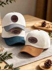Custom Leather Patch Corduroy Baseball Cap, Personalized Text Logo Trucker Hat, Unisex Dual-Tone Adjustable Vintage Autumn/Winter Casual Daily Gift Hat - Multicolor - View 2