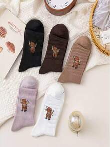 5 Pairs Fun Cartoon Cow Jacquard Mid-Calf Women's Socks, Vintage Marrone Color Palette Striped Socks, Personalized Casual Slouch Socks - Multicolor - View 4