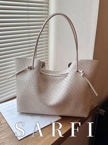 Fashionable High-End Niche Woven PU Women's Tote Bag, Modern Style Versatile Large Capacity Shoulder Bag/Commuter Bag - White - View 2