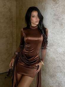 Women's Fall Brown Elegant Backless Satin Midi Dress With Draped Sash, Date, Party, Holiday, Birthday, Wedding, Winter,Halloween, Christmas,Hoco - Brown - View 3