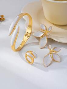 4pcs/Set Fashion Minimalist Exquisite Gold And Artificial Oil White Floral Geometric Water Drop Line Shape Bracelet Ring Earrings Jewelry Set, Suitable For Women, Thick Smooth Metal And Zinc Alloy Material Bracelet Ring Earrings - White - View 20