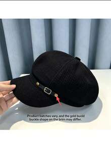 Waffle Octagonal Newsboy Cap, Black, Metal Buckle Decor, Vintage Casual Style, Autumn/Winter - Multicolor - View 11