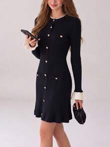 Women's Elegant Commuter Contrast Cuff Front Button Slim Fit Knit Dress - Black - View 4