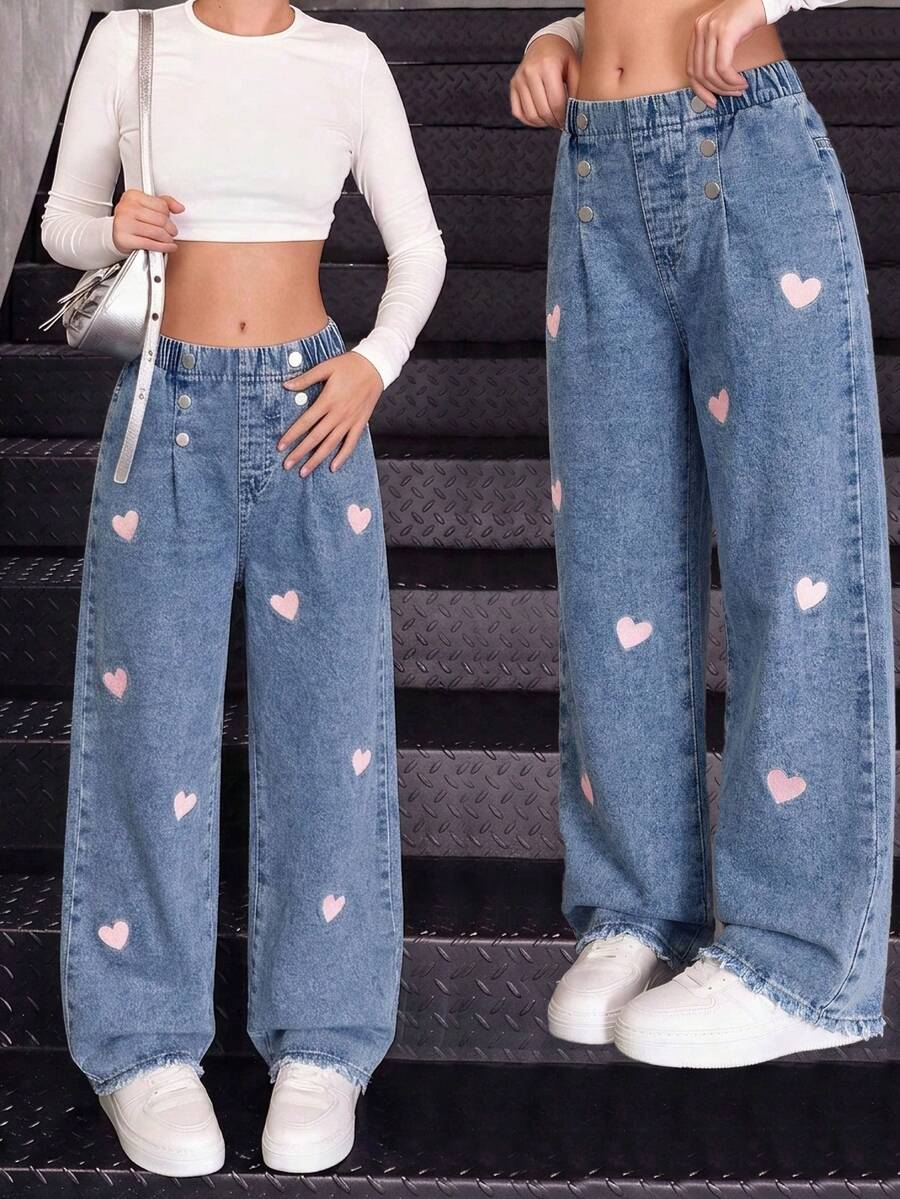 1pc Tween Girls Heart Embroidery Wide Leg Denim Jeans, Frayed Hem Double Button Design, Elastic Waist Casual Loose Straight Leg Long Pants - Medium Wash - View 1