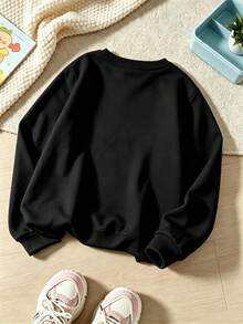 1pc Girls' Long-Sleeve Pullover Round-Neck Sweatshirt With American-Style Line Cherry Print - Black, Everyday Wear For Girls - Festive Gift - Black - View 3