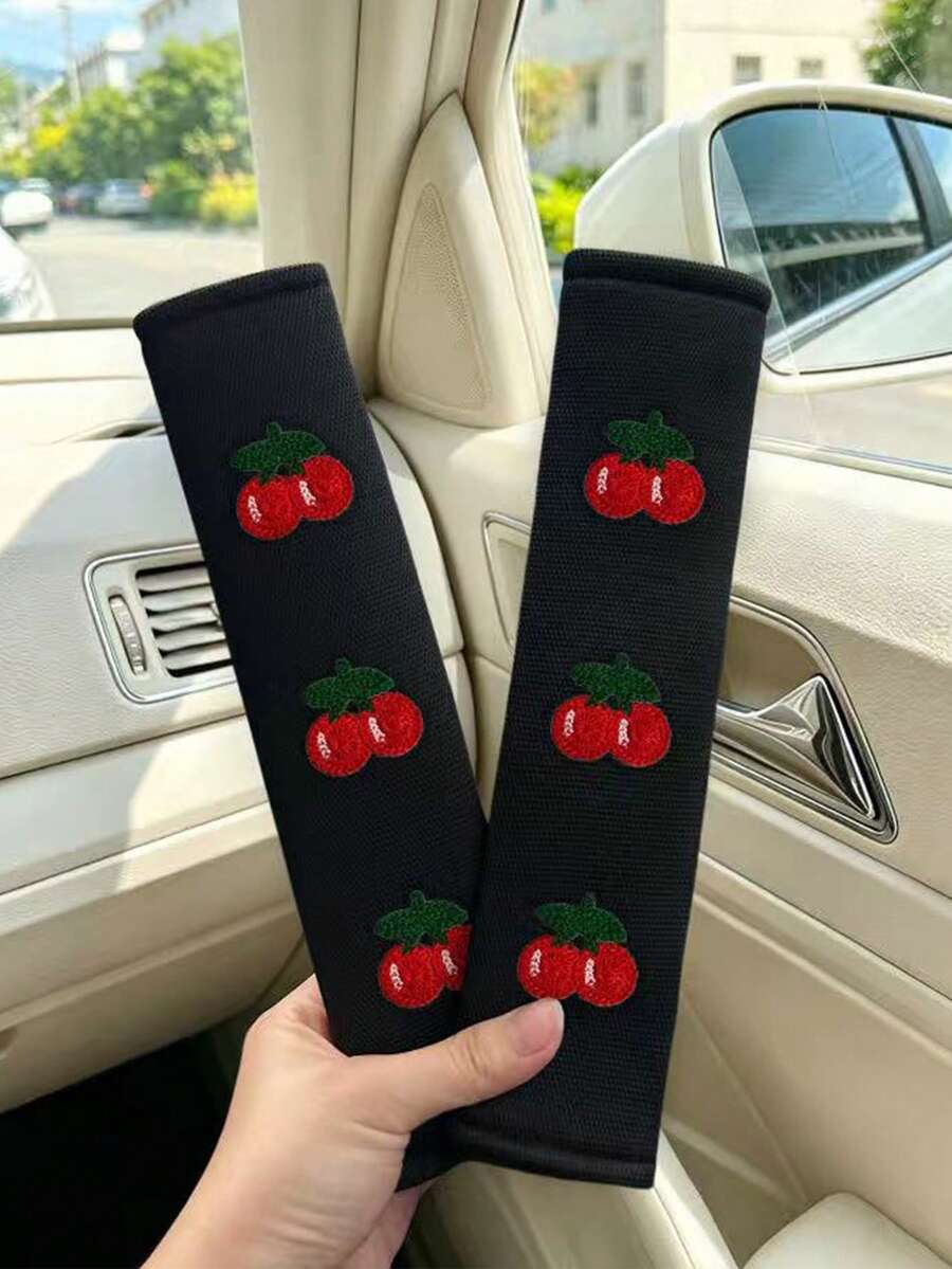 2PCS Cherry Shoulder Pads Cute Cherry Embroidery Decor Shoulder Cover Car Seat Belt Shoulder Pads Anti-Chafing Anti-Slip Shoulder Protection Covers - Shoulder Pads - View 1