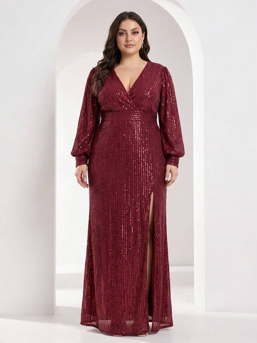 YISIKADO Sequin V-Neck Long Sleeve Ball Gown Evening Dress With High Slit Mermaid Tail - Burgundy - View 1