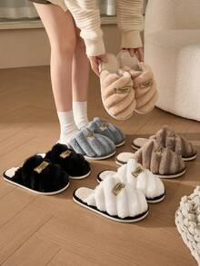 Women's Thick Letter Plush Slippers, Winter IndoorWarm Slip-On House Shoes, Couple Shoes - Khaki - View 1
