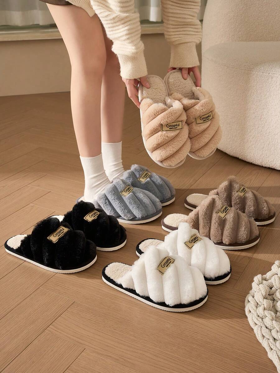 Women's Thick Letter Plush Slippers, Winter IndoorWarm Slip-On House Shoes, Couple Shoes - Khaki - View 1