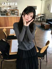 Korean Vintage Patchwork Striped 2 In 1 Long Sleeve Turtleneck Top For Women, Knitted Base Layer Autumn Innerwear - Dark Grey - View 7