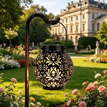 Rustic Iron Peony Solar Hanging Lantern, Handy Exquisite Patterned Solar Carry Lamp, Mellow Glow For Garden Patio Balcony Camping Lawn Decor, Ideal For Christmas, Halloween Ghost Party, Fine Decorative Light Gift For Birthday And Holiday Occasions - Solar Peony Iron Lantern Light - View 9